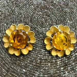Vintage Judy Lee BIG Yellow Orange Topaz Glass Brushed
Gold Tone Flower Earrings